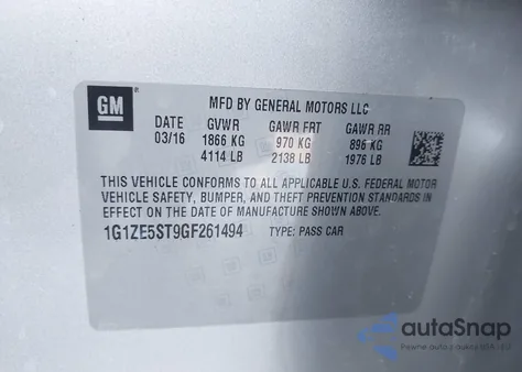 2016 Chevrolet Malibu 1Lt z USA, uszkodzony, nr VIN 1G1ZE5ST9GF261494